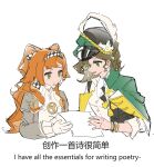  2girls black_vest brown_hair cape checkered_hairband chinese_text cropped_torso dress eden_(shengaoneng) english_text gloves green_cape green_eyes green_hat hairband hat hat_feather highres holding holding_paper long_hair looking_at_object multiple_girls newsboy_cap orange_hair paper recoleta_(reverse:1999) reverse:1999 shirt short_hair sketch sonetto_(reverse:1999) two_side_up upper_body vest white_background white_dress white_gloves white_shirt 