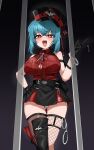  1girl absurdres arm_strap ass_visible_through_thighs asymmetrical_legwear bare_shoulders belt bianca_(black_survival) bianca_(prison_guard)_(black_survival) black_boots black_gloves black_hat black_skirt black_survival blue_hair boots breast_pocket breasts brown_thighhighs button_gap cameltoe center_frills cleavage collared_shirt cross-shaped_pupils cuffs dangling dress_shirt eternal_return:_black_survival fang fishnet_thighhighs fishnets frills gloves hahyaha hand_on_own_hip hand_up handcuffs hat highres iron_bars key large_breasts looking_at_viewer medium_hair miniskirt necktie official_alternate_costume open_mouth panties pantyshot peaked_cap pocket raised_inner_eyebrows red_eyes red_shirt shirt shirt_tucked_in short_necktie single_thigh_boot skirt sleeveless sleeveless_shirt smile solo standing symbol-shaped_pupils thigh_boots thigh_gap thighhighs thighs underwear w white_panties 