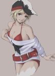  1girl absurdres alice_garnet_nakata bare_shoulders baseball_cap belt belt_buckle bikini bikini_under_clothes black_hat blonde_hair breasts buckle cleavage collarbone grey_background grin halterneck hat highres long_sleeves looking_at_viewer medium_breasts off-shoulder_sweater off_shoulder red_belt red_bikini short_hair simple_background smile solo standing sweater swimsuit the_king_of_fighters tyanoki white_sweater 