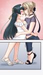  2girls absurdres astra_yao black_choker black_hair black_sandals blonde_hair blue_pants blush braid braided_bun breast_press breasts choker cleavage closed_eyes closed_mouth commentary denim ecchinoidea english_commentary evelyn_chevalier hair_bun hairband hand_on_another&#039;s_waist highres jeans large_breasts multiple_girls off-shoulder_shirt off_shoulder open_mouth pants purple_eyes purple_shirt sandals shirt short_sleeves smile symmetrical_docking tiptoes trembling white_hairband white_sandals white_shirt yuri zenless_zone_zero 