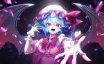  1girl bat_wings blue_hair dark_background dress fangs fingernails hat highres long_fingernails medium_hair mob_cap momohana_3939 neckerchief open_mouth petals pink_dress pink_petals reaching reaching_towards_viewer red_eyes red_nails red_neckerchief remilia_scarlet sharp_fingernails short_sleeves slit_pupils smile solo teeth touhou upper_body upper_teeth_only vampire wings wrist_cuffs 