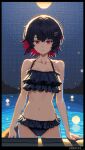  1girl bare_shoulders bikini black_bikini black_hair collarbone ellen_joe fins fish_tail frilled_bikini frilled_bikini_bottom frilled_bikini_top frills looking_at_viewer medium_hair multicolored_hair navel ocean pixel_art red_hair shaachi shark_girl shark_tail sky solo standing stomach swimsuit tail thigh_gap zenless_zone_zero 