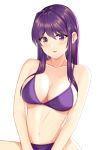  1girl bare_arms bare_shoulders bikini blush breasts cleavage collarbone commentary doki_doki_literature_club hair_ornament hairclip large_breasts long_hair looking_at_viewer navel parted_lips purple_bikini purple_eyes purple_hair r3d scar sidelocks simple_background solo stitches stomach swimsuit thighs upper_body white_background yuri_(doki_doki_literature_club) 