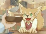  black_nose canid canine clothed clothing duo fangs food fur green_eyes hi_res hiyaudon inside kemono mammal open_mouth signature solo_focus 