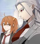  1boy 1girl ahoge alessandro_di_cagliostro_(fate) beard black_jacket collared_shirt facial_hair fate/grand_order fate_(series) fujimaru_ritsuka_(female) girl_staring_at_guy&#039;s_chest_(meme) grey_hair grey_jacket grey_vest hair_between_eyes id_(fate/grand_order) jacket lapels long_hair looking_at_pectorals meme necktie notched_lapels one_side_up orange_eyes orange_hair orange_scrunchie outdoors red_eyes red_necktie school scrunchie shirt thick_eyebrows vest white_hair white_shirt wing_collar yukkuri_(fumoyun) 