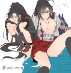  1boy ahoge alternate_costume alternate_universe bag black_eyes black_hair black_serafuku black_skirt black_socks blush breath brown_shoes collarbone collared_shirt crossdressing eunram hair_between_eyes hair_ribbon knee_up kneehighs korean_commentary korean_text long_hair looking_at_viewer male_focus modao_zushi multiple_views nipples open_clothes open_shirt pectoral_cleavage pectorals pleated_skirt ponytail red_ribbon red_skirt ribbon sailor_collar school_bag school_uniform serafuku shirt shoes sidelocks simple_background sitting skirt smile socks squatting thighs trap very_long_hair wei_wuxian wet wet_clothes wet_face wet_hair wet_shirt white_background white_shirt zettai_ryouiki 