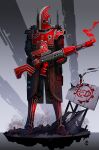  absurdres adeptus_mechanicus adeptus_mechanicus_(symbol) armor art_deco artist_logo black_armor colored_smoke crossover cyborg embers energy_gun english_commentary english_text gradient_background grey_background gun highres holding holding_gun holding_weapon joints logo radio_antenna ray_gun red_armor rifle robot_joints rubble science_fiction sidelighting sign silver_trim skitarii skull skull_print smoke team_fortress_2 thigh_strap warhammer_40k weapon white_trim wolfdawg_art 