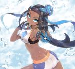  1girl armlet ass black_hair blue_eyes blue_hair breasts dark_skin earrings floating_hair gloves gym_leader hair_bun hair_ornament hand_up holding holding_poke_ball hoop_earrings jewelry large_breasts long_hair looking_at_viewer multicolored_hair navel necklace parted_lips poke_ball pokemon pokemon_(game) pokemon_swsh rurina_(pokemon) shorts sidelocks single_glove solo swimsuit tankini teddy_(khanshin) two-tone_hair wet 