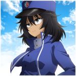  1girl andou_(girls_und_panzer) bangs bc_freedom_(emblem) bc_freedom_military_uniform black_hair blue_headwear blue_jacket blue_sky blue_vest brown_eyes closed_mouth cloud cloudy_sky commentary_request dark_skin day dress_shirt emblem girls_und_panzer hat high_collar jacket long_sleeves looking_to_the_side medium_hair messy_hair military military_hat military_uniform outdoors shako_cap shinaso_(sachi-machi) shirt sky smile solo uniform upper_body vest white_shirt 