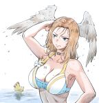  1girl absurdres arm_behind_head breast_tattoo breasts brown_hair closed_mouth commentary_request eunie_(xenoblade) head_wings highres large_breasts long_hair looking_ahead nemimin official_alternate_costume rubber_duck solo tattoo upper_body wet white_background wings xenoblade_chronicles_(series) xenoblade_chronicles_3 