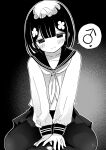 1boy blush coin crossdressing crossdressing_(mtf) flower hair_flower hair_ornament heart highres long_sleeves mars_symbol miniskirt monochrome monochrome_background original pantyhose pleated_skirt ribbon school_uniform seiza serafuku simple_background sitting skirt smile speech_bubble trap vae 
