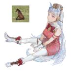  1girl absurdres amel_303 animal_ears blunt_bangs boots bow bowtie breasts brown_hat dress ear_covers expressionless full_body gloves gold_ship_(umamusume) grey_hair hashtag-only_commentary hat high_heel_boots high_heels highres horse_ears horse_girl horse_tail large_breasts long_hair pants photo-referenced pillbox_hat purple_eyes red_bow red_bowtie red_dress reference_inset short_dress simple_background sitting sleeveless sleeveless_dress solo tail taut_clothes taut_dress umamusume white_background white_boots white_gloves white_pants 