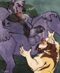 2017 anal anthro armpit_hair black_nose blush body_hair canid canine chest_hair chumbasket clothing dated duo erection eyes_closed fangs foreskin fur genitals grey_body grey_fur happy_trail hat headgear headwear hi_res humanoid_genitalia humanoid_penis male mammal mouth_closed muscular muscular_anthro muscular_male nude open_mouth open_smile oral penis pubes red_tongue rimming sex smile spread_legs spreading teeth tongue tongue_out yellow_body yellow_fur