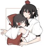  2girls bare_shoulders black_eyes black_hair blush bow chest_sarashi collared_shirt detached_sleeves embarrassed hair_tubes hakurei_reimu hat highres hug medium_hair multiple_girls pointy_ears red_bow red_eyes red_shirt sarashi shameimaru_aya shirt short_sleeves surprised tktkhappymchyru tokin_hat touhou upper_body white_background white_shirt 