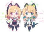  2girls :3 :d black_jacket black_shoes black_shorts black_skirt black_tail black_thighhighs blonde_hair blue_archive blunt_bangs blush bow buttons cat_tail chibi chibi_only closed_mouth collared_shirt commentary_request fake_tail frilled_jacket frilled_skirt frills full_body green_bow green_eyes green_halo green_jacket hair_bow halo hand_up jacket long_sleeves looking_at_viewer low-tied_sidelocks midori_(blue_archive) miniskirt momoi_(blue_archive) multicolored_jacket multiple_girls off_shoulder open_clothes open_jacket open_mouth parted_bangs pinching_gesture pink_eyes pink_halo pink_jacket pink_shoes pleated_skirt red_bow rnond school_uniform shirt shoes short_hair short_shorts shorts siblings sidelocks sisters skirt smile sparkle standing suspender_skirt suspenders tail tail_bow tail_ornament thighhighs twins twitter_username two-sided_fabric two-sided_jacket unbuttoned unbuttoned_jacket untucked_shirt white_background white_jacket white_shirt zettai_ryouiki 