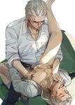  2boys abs absurdres arksia belt belt_buckle black_pants buckle chinese_commentary closed_eyes closed_mouth collarbone collared_shirt commentary_request cuntboy cuntboy_with_male devil_may_cry_(series) devil_may_cry_5 earrings father_and_son glasses hair_slicked_back hand_on_another&#039;s_chin hand_on_another&#039;s_hip highres incest jewelry leg_on_another&#039;s_shoulder leg_up male_focus male_penetrated multiple_boys necklace nero_(devil_may_cry) nipples open_belt open_clothes open_collar open_pants open_shirt pants parted_lips pectorals piercing pussy shirt short_hair simple_background sleeves_rolled_up smile stud_earrings teeth vaginal vergil_(devil_may_cry) white_background white_hair white_shirt wing_collar yaoi 