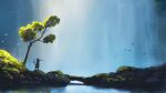  1boy cambocreation flock from_side grass original painterly reflection reflective_water scenery standing tree walking water waterfall watermark 