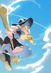  1girl absurdres apron black_hat black_shoes black_skirt black_vest blonde_hair blue_sky bow braid broom broom_riding cloud contrail floating_hair from_below hair_bow hat hat_bow highres holding_headgear k_einosuke kirisame_marisa negative_space open_mouth shoes side_braid single_braid skirt sky solo touhou vest waist_apron white_bow witch_hat yellow_eyes 