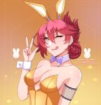  1girl animal_ear_hairband animal_ears azumishard bow bowtie breasts commission detached_collar double-parted_bangs eiyuu_densetsu english_commentary english_text fake_animal_ears hair_between_eyes hair_bun hairband leotard looking_at_viewer medium_breasts one_eye_closed pink_hair playboy_bunny plunging_neckline purple_bow purple_bowtie rabbit_ear_hairband rabbit_ears sara_valestein sen_no_kiseki_(series) short_hair sideboob smile solo strapless strapless_leotard tongue tongue_out traditional_bowtie v vgen_commission white_wrist_cuffs wrist_cuffs yellow_eyes 