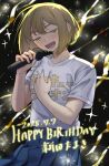  1girl absurdres blonde_hair blue_skirt blush bob_cut character_name clothes_writing commentary_request cowboy_shot dated futsuu_no_keion-bu hand_on_own_chest happy_birthday highres holding holding_microphone microphone music nitta_tamaki pleated_skirt print_shirt rra_(yj) shirt short_hair short_sleeves singing skirt solo sparkling_eyes sweat t-shirt white_shirt yellow_eyes 
