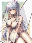  1girl between_breasts bikini blue_bikini blue_hair blush breasts cleavage cross cross-laced_bikini cross-laced_clothes earrings facepaint flower girls&#039;_frontline girls&#039;_frontline_2:_exilium green_eyes heart highres hk416_(girls&#039;_frontline) iron_cross jewelry klukai_(girls&#039;_frontline_2) leaning_to_the_side long_hair navel phago pink_flower ponytail sitting smile solo swimsuit teardrop thighs v_arms very_long_hair 