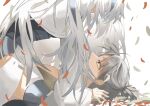  1boy 1girl falling_leaves fate/grand_order fate_(series) girl_on_top grey_eyes grey_hair head_out_of_frame highres leaf long_hair looking_at_another multicolored_hair nagao_kagetora_(fate) short_hair ssmyow streaked_hair takeda_shingen_(fate) white_hair 