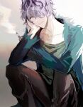  1boy black_pants brown_eyes cigarette closed_mouth coat collarbone commentary_request crew_neck feet_out_of_frame garry_(ib) green_coat green_shirt hair_over_one_eye head_rest holding holding_cigarette ib_(kouri) long_sleeves looking_at_viewer male_focus one_eye_covered pants purple_hair shirt sitting smoke smoke_trail solo t-shirt torn_clothes torn_sleeves tsukimura_noe wavy_hair 