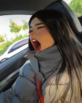  1girl black_hair bush car car_interior car_seat closed_eyes coat day dutch_angle highres long_hair looking_back motor_vehicle open_mouth original sam_yang seatbelt solo tree upper_body winter_clothes winter_coat yawning 