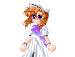  1girl beret black_thighhighs blue_eyes blush bow bowtie bracelet breasts closed_mouth dress eyes_visible_through_hair game_cg hair_between_eyes hat higurashi_no_naku_koro_ni jewelry large_variant_set light_frown medium_breasts multiple_bracelets no_nose orange_hair parted_bangs purple_bow purple_bowtie ryukishi07 ryuuguu_rena short_hair short_sleeves thighhighs variant_set white_dress white_hat 