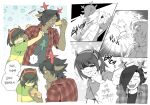  1girl 1other aged_down androgynous black_hair december_holiday deer_girl deltarune flannel freckles furry furry_female green_shirt hair_over_one_eye hairband highres holding horn_hairband horns korean_text kris_(deltarune) multiple_views open_mouth red_hairband red_horns shaded_face shirt short_hair smile star_(symbol) swept_bangs tongue tongue_out translation_request ttudolee upper_body white_background 