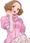  1girl breasts brown_eyes brown_hair candy fingernails floral_print food highres holding holding_candy holding_food holding_lollipop kanna_nijiniji lollipop lollipop_in_mouth long_sleeves looking_at_viewer okumura_haru pantyhose persona persona_5 pink_sweater shirt short_hair simple_background solo sweater white_pantyhose white_shirt 