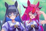  animal_ears avotoons black_hair blue_eyes blue_hair bow bow_earrings chain chain_headband crystal_wings double_halo dress earrings eyewear_on_head halo highres hololive hololive_english horns horse_ears horse_girl horse_tail irys_(hololive) jewelry kemonomimi_mode long_hair multiple_girls multiple_horns ouro_kronii pink_eyes pink_hair pointy_ears purple_bow purple_dress purple_eyes school_uniform tail tracen_school_uniform umamusume virtual_youtuber 