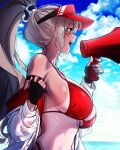  1girl absurdres barcode barcode_tattoo bikini black_gloves blue_sky blush breasts cloud commentary_request day dungeon_and_fighter ella_(dungeon_and_fighter) facial_tattoo fingerless_gloves from_side gloves grey_hair hair_ornament hand_up hat highres holding holding_megaphone horizon jacket jacket_partially_removed korean_commentary large_breasts lifeguard long_hair long_sleeves looking_ahead megaphone navel ocean open_mouth outdoors ponytail red_bikini red_hat roan_green sidelocks sky solo swimsuit tan tanlines tattoo upper_body visor_cap white_jacket 