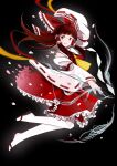  1girl ascot bow brown_eyes commentary detached_sleeves falling_petals frilled_bow frilled_hair_tubes frilled_skirt frills gohei hair_bow hair_tubes hakurei_reimu long_hair looking_at_viewer mcnyan open_mouth pantyhose petals red_bow red_hair red_skirt ribbon-trimmed_sleeves ribbon_trim sandals skirt skirt_set smile solo touhou white_pantyhose yellow_ascot 