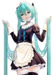  1girl apron aqua_eyes aqua_hair black_dress black_shirt black_skirt black_thighhighs blue_ribbon breasts character_name choker commentary_request cowboy_shot dress dress_shirt floating_hair frilled_apron frills hair_between_eyes hair_ornament hatsune_miku highres holding holding_own_hair hxk4_n juliet_sleeves long_hair long_sleeves looking_at_viewer maid maid_headdress miniskirt open_mouth pleated_skirt puffy_sleeves ribbon ribbon_choker sailor_collar sailor_shirt shirt sidelocks simple_background skirt smile solo standing teeth thighhighs twintails upper_teeth_only very_long_hair vocaloid waist_apron white_apron white_background white_sailor_collar zettai_ryouiki 
