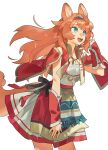  1girl animal_ears blue_eyes capelet commentary_request commission cowboy_shot dog_ears dog_girl dog_tail korean_commentary long_hair looking_to_the_side orange_hair original pazz_42 red_capelet red_skirt red_vest shirt simple_background skirt solo tail vest white_background wind 