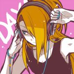  1boy aqua_eyes aqua_nails black_shirt blonde_hair closed_mouth deidara_(naruto) hair_over_one_eye headphones long_hair lowres male_focus nail_polish naruto_(series) naruto_shippuuden pink_background shirt sleeveless sleeveless_shirt solo upper_body yosakuh 
