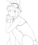  1girl alternate_costume animal_ears breasts closed_mouth commentary_request expressionless fake_animal_ears feet_out_of_frame gloves goggles goggles_on_head greyscale hair_between_eyes half_gloves hand_up heart_pasties kino_(kino_no_tabi) kino_no_tabi kokuya_(kokuya28) lineart looking_at_viewer monochrome pasties rabbit_ears rabbit_tail reverse_bunnysuit reverse_outfit short_hair shrug_(clothing) simple_background small_breasts solo tail thighhighs wrist_cuffs 