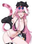  1girl animal_print bikini black_bikini black_choker black_hat black_shirt blue-tinted_eyewear blush breasts cat_o-ring chattino_(raora_panthera) choker cleavage collarbone commentary eyewear_on_head fingernails hashtag-only_commentary hat highres hololive hololive_english jewelry large_breasts leopard_print leopard_print_bikini long_hair long_sleeves looking_at_viewer multicolored_hair nail_polish navel necklace norei o-ring o-ring_thigh_strap one_eye_closed open_mouth panther_girl panther_tail pink_bikini pink_hair pink_nails raora_panthera shirt simple_background smile solo stomach streaked_hair swimsuit tail thigh_strap thighs tinted_eyewear virtual_youtuber white_background yellow_eyes 