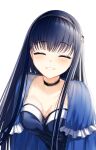  1girl ^_^ black_camisole black_choker black_hair black_hairband blue_capelet blush bone_hair_ornament breasts camisole capelet choker closed_eyes commentary_request facing_viewer frilled_capelet frilled_choker frills hair_between_eyes hair_ornament hairband happy hatsupainting highres kushima_kamome large_breasts long_hair parted_lips sidelighting simple_background skull_and_crossbones skull_hair_ornament smile solo straight_hair summer_pockets upper_body very_long_hair white_background 