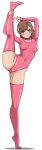  1girl asymmetrical_bangs athletic_leotard breasts brown_eyes brown_hair cameltoe closed_mouth covered_navel flexible frozen_gingasan full_body hair_ornament hairpin highleg highleg_leotard highres holding_own_leg leg_lift leotard looking_at_viewer medium_hair misaka_mikoto pink_leotard pink_thighhighs small_breasts smile split standing standing_on_one_leg standing_split thighhighs tiptoes toaru_kagaku_no_railgun toaru_majutsu_no_index v white_background 