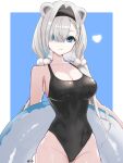  1girl absurdres animal_ears arknights aurora_(arknights) black_hairband black_one-piece_swimsuit blue_background blue_eyes border breasts cleavage closed_mouth collarbone commentary cowboy_shot dr.lamina grey_hair groin hair_intakes hair_over_one_eye hairband heart highleg highleg_one-piece_swimsuit highres innertube large_breasts long_hair looking_at_viewer one-piece_swimsuit outside_border simple_background smile solo standing swim_ring swimsuit symbol-only_commentary wet white_border 