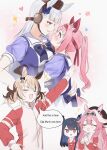  3girls alternate_costume animal_ears black_hair blonde_hair blue_hair brown_hair closed_eyes cosplay ear_covers ear_ornament gigi_murin gold_ship_(umamusume) haru_urara_(umamusume) highres hololive hololive_english horse_ears horse_girl horse_tail kemonomimi_mode long_hair maru_ccy multicolored_hair multiple_girls nerissa_ravencroft panther_girl pink_eyes pink_hair purple_eyes raora_panthera red_eyes school_uniform tail tracen_school_uniform tracen_training_uniform umamusume virtual_youtuber white_hair 