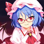  1girl ascot bat_wings bespectacled blue_hair brooch closed_mouth collared_shirt commentary_request fang fang_out frilled_shirt_collar frills glasses hat hat_ribbon jewelry long_hair looking_at_viewer mist9801km mob_cap pink_hat pink_shirt red-framed_eyewear red_ascot red_eyes red_ribbon remilia_scarlet ribbon shirt smile solo touhou wings 