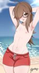  1boy absurdres ahoge armpits arms_behind_head arms_up artist_name beach blue_sky blurry blurry_background blush brown_eyes brown_hair collarbone commentary cowboy_shot day english_commentary glasses hair_over_one_eye highres long_hair looking_at_viewer male_swimwear meganethings mole mole_on_armpit mole_on_nipple mole_on_stomach mole_under_eye multiple_moles navel nipples ocean one_eye_covered open_mouth original outdoors parted_bangs red_male_swimwear red_swim_trunks semi-rimless_eyewear sky solo standing swim_trunks teeth trap under-rim_eyewear upper_teeth_only 