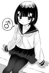 1boy blush crossdressing crossdressing_(mtf) flower hair_flower hair_ornament highres long_sleeves mars_symbol miniskirt monochrome original pantyhose pleated_skirt ribbon school_uniform serafuku simple_background sitting skirt speech_bubble trap vae white_background 