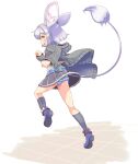 1girl ajitarou_(setsu) animal_ears black_socks blue_panties blue_shoes commentary_request emil_chronicle_online from_side green_jacket grey_skirt highres jacket mouse_ears mouse_girl panties pantyshot sandrat_alma shoes skirt socks standing standing_on_one_leg striped_clothes striped_panties tail underwear white_hair yellow_eyes 