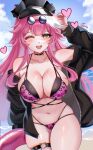  1girl absurdres alternate_costume arm_up artist_name ayrinsama beach bikini black_bikini black_bow black_choker black_hat black_jacket blue_sky blush bow breasts cat_o-ring choker cloud cloudy_sky commentary day english_commentary eyewear_on_head hat heart highres holding holding_swim_ring hololive hololive_english holonatsu_paradise jacket large_breasts leopard_print_bikini long_hair long_sleeves looking_at_viewer multicolored_hair navel o-ring o-ring_thigh_strap ocean one_eye_closed open_clothes open_jacket open_mouth panther_girl panther_tail pink_bikini pink_hair pink_innertube pink_lips raora_panthera raora_panthera_(holonatsu_paradise) sand sky smile solo stomach streaked_hair sunglasses swim_ring swimsuit tail teeth thigh_strap thighs two-tone_hair upper_teeth_only virtual_youtuber white_hair yellow_eyes 