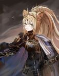  1girl animal_ears arknights belt black_belt black_cape black_shirt black_skirt blonde_hair cape closed_mouth cropped_legs emblem highres lion_ears lion_girl long_hair long_sleeves looking_at_viewer ponytail scarf shirt siege_(arknights) skirt solo standing vina_victoria_(arknights) white_scarf yuanyuan_(jiujie560) 