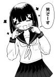  1boy blush breast_pocket crossdressing crossdressing_(mtf) flower hair_flower hair_ornament highres long_sleeves miniskirt monochrome open_mouth original pantyhose pleated_skirt pocket ribbon school_uniform serafuku simple_background skirt smile speech_bubble trap vae white_background 
